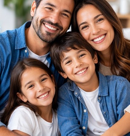 Familia sonriendo: papá, mamá, una niña y un niño